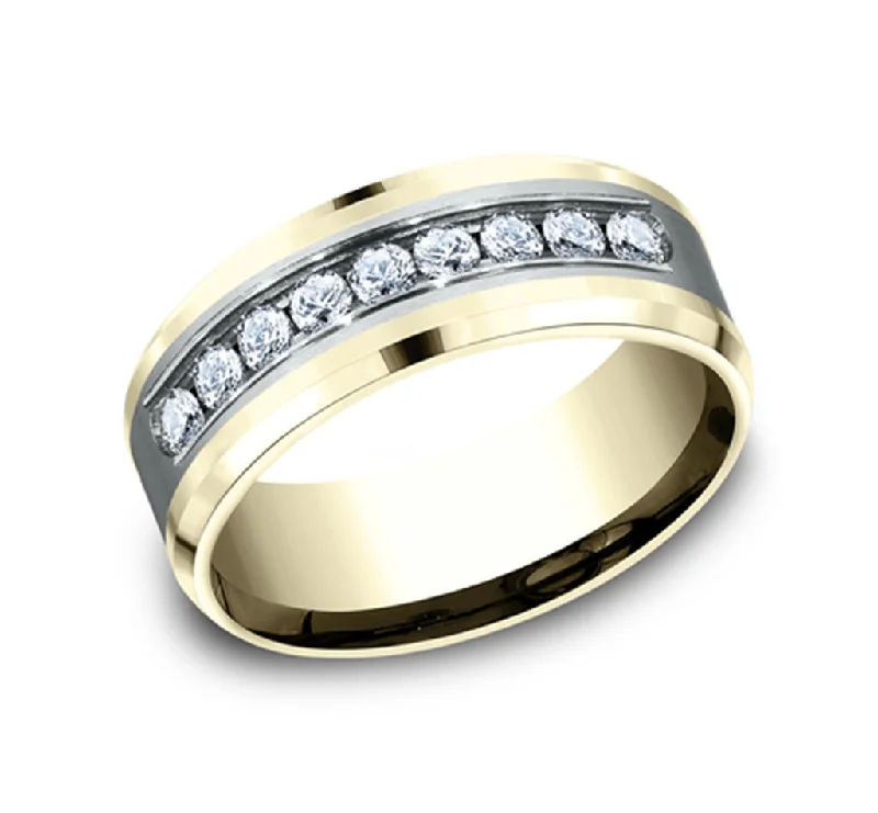 14K Yellow And White Gold 'The Marquis' Satin Finish Center 8mm Diamond Wedding Band