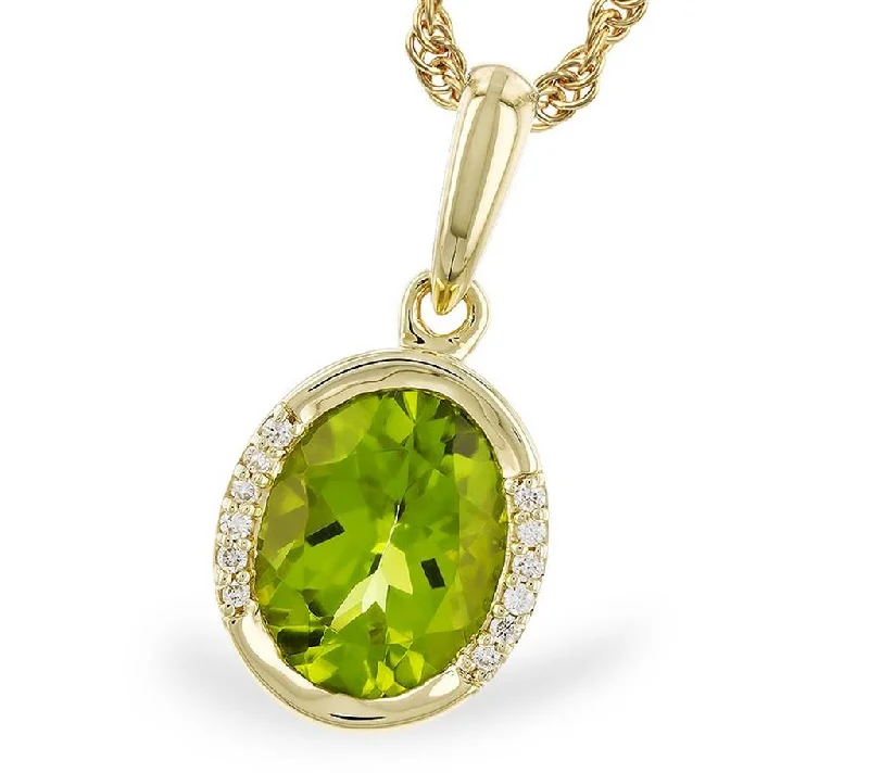 14K Yellow Gold Oval Peridot And Diamond Pendant Necklace