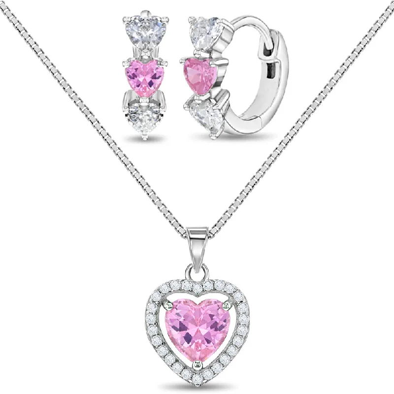 Affordable Gold-Plated Jewelry For Modern Fashion 925 Sterling Silver Pink & Clear CZ Heart Necklace Jewelry Set For Young Girls