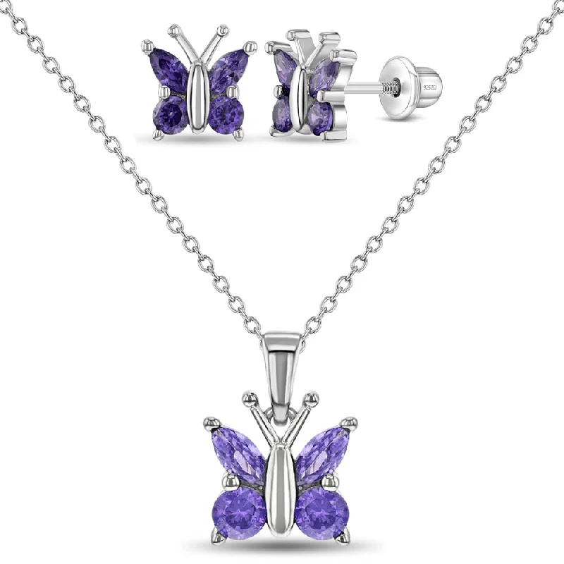 Luxury Handcrafted Jewelry For Elegant Looks 925 Sterling Silver Shiny Purple Cubic Zirconia Butterfly Jewelry Set for Young Girls