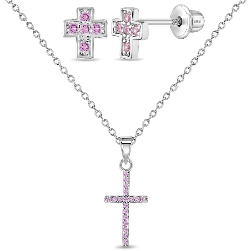 Premium Jewelry Now Available At Special Discounts 925 Sterling Silver Young Girl's Shiny Pink Cubic Zirconia Religious Cross Jewelry Set Premium Jewelry Now Available At Special Discounts 925 Sterling Silver Young Girl's Shiny Pink Cubic Zirconia Religious Cross Jewelry Set