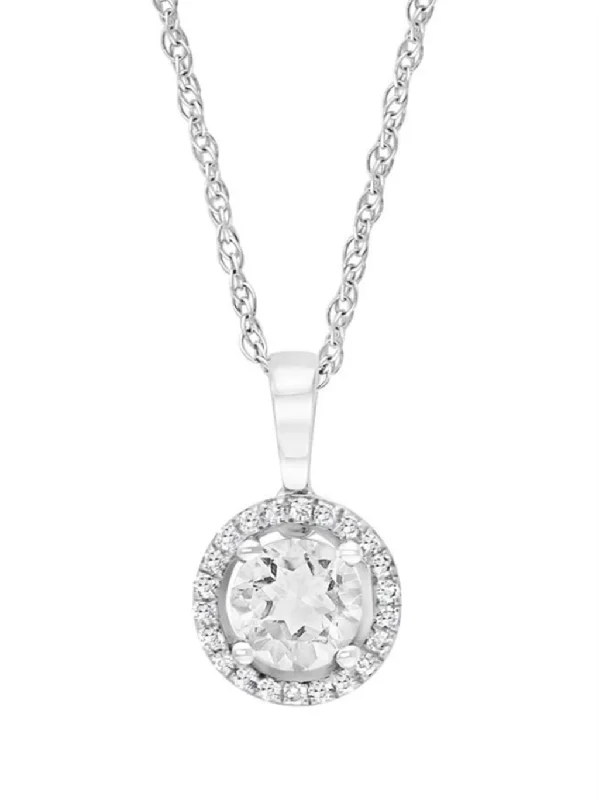 Premium Jewelry Now Available At Special Discounts April Birthstone Pendant: 14K White Gold Diamond And White Topaz Halo Pendant Necklace