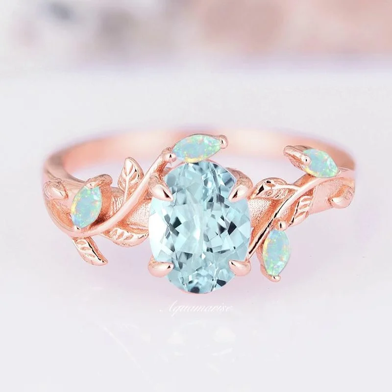 Seasonal Jewelry Sale – Upgrade Your Style Today Aquamarine & Australian Opal Leaf Engagement Ring- 14K Rose Gold Vermeil Seasonal Jewelry Sale – Upgrade Your Style Today Aquamarine & Australian Opal Leaf Engagement Ring- 14K Rose Gold Vermeil