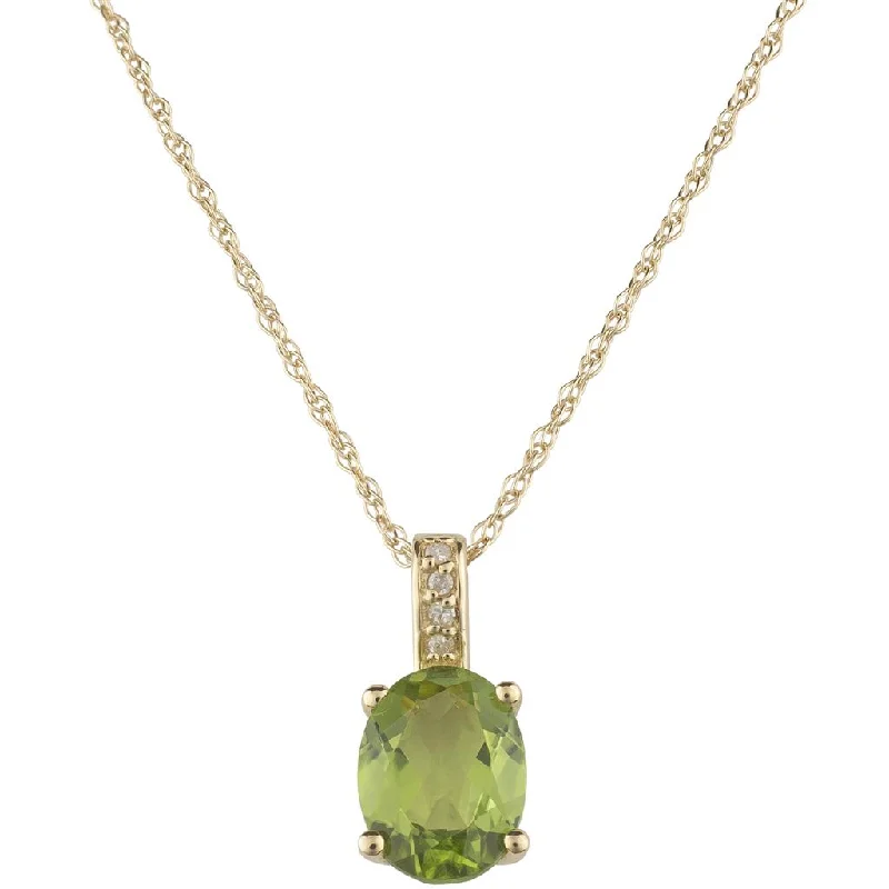 August Birthstone Pendant: 14K Yellow Gold Diamond And Oval Peridot Drop Pendant Necklace