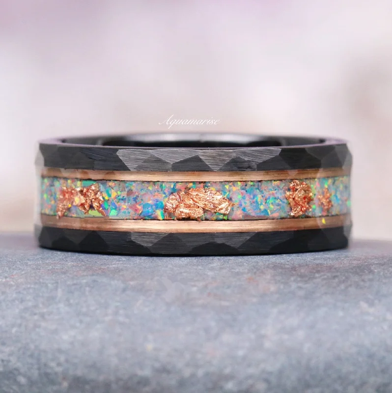 Elegant Designs, Unbeatable Discounts – Shop Jewelry Now Light Blue Fire Opal & Rose Gold Leaf Wedding Band- 8MM Black Tungsten