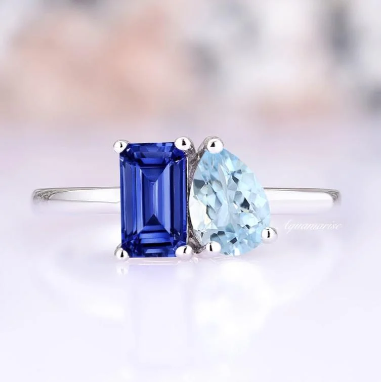 Bestselling Jewelry At Special Promotional Rates 'Toi Et Moi' Blue Sapphire & Aquamarine Ring- 925 Sterling Silver