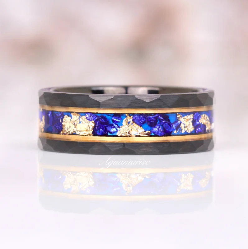 Luxury Jewelry At Unbeatable Discounts Blue Sapphire & Gold Leaf Wedding Band- 8MM Hammered Black Tungsten Luxury Jewelry At Unbeatable Discounts Blue Sapphire & Gold Leaf Wedding Band- 8MM Hammered Black Tungsten