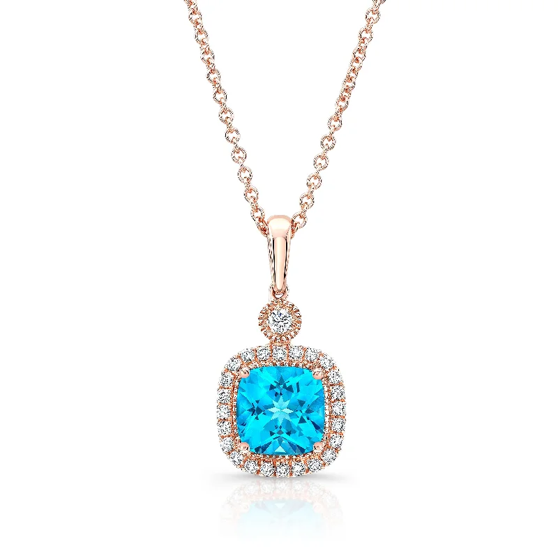 Delicate Crystal Jewelry For Sophisticated Charm Blue Topaz Cushion And Diamond Halo Pendant In 14k Rose Gold Delicate Crystal Jewelry For Sophisticated Charm Blue Topaz Cushion And Diamond Halo Pendant In 14k Rose Gold