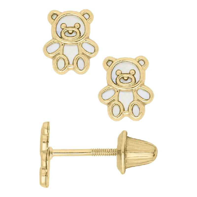 Delicate Crystal Jewelry For Sophisticated Charm 14k Children's Gold Teddy Bear Mother of Pearl Earrings