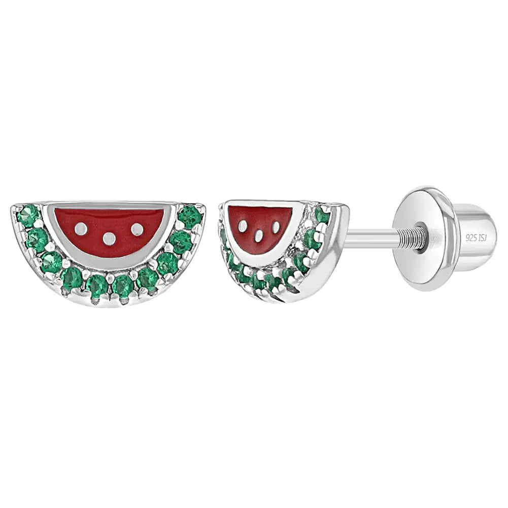 Children's Sterling Silver CZ & Enamel Watermelon Stud Earrings