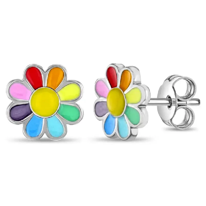 Children's Sterling Silver Rainbow Enamel Daisy Stud Earrings