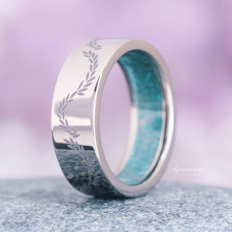 Exclusive Gemstone Jewelry At Special Prices Crushed Aquamarine Leaf Wedding Band- 8MM Titanium Exclusive Gemstone Jewelry At Special Prices Crushed Aquamarine Leaf Wedding Band- 8MM Titanium
