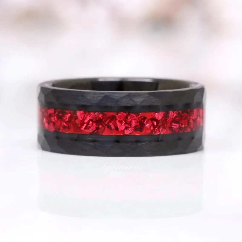 Flash Sale On Exquisite Jewelry – Don't Miss Out Crushed Red Garnet Wedding Band- 8MM Black Tungsten Flash Sale On Exquisite Jewelry – Don't Miss Out Crushed Red Garnet Wedding Band- 8MM Black Tungsten