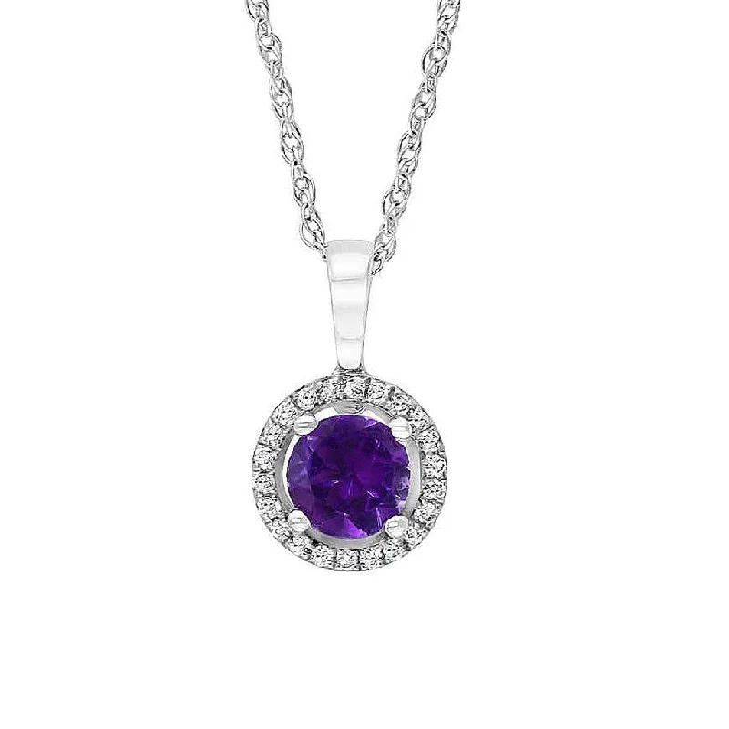 February Birthstone Rings: 14K White Gold Diamond And Amethyst Halo Pendant Necklace