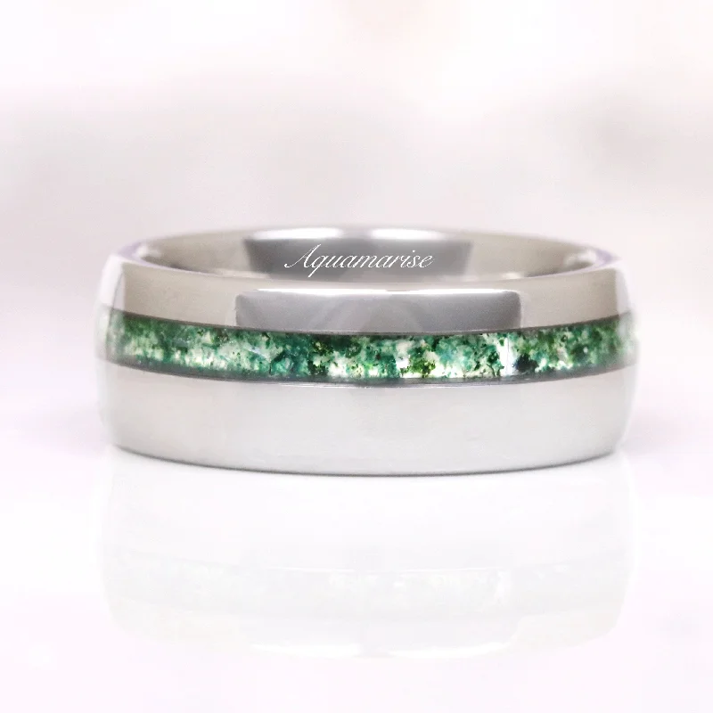 Luxury Jewelry Sale – Sparkle For Less Moss Agate Wedding Band- 8MM Tungsten
