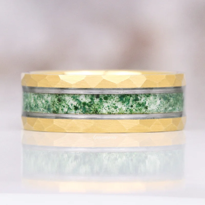 Shop Dazzling Jewelry With Special Promotional Discounts Moss Agate Wedding Band- 8MM Gold Tungsten Shop Dazzling Jewelry With Special Promotional Discounts Moss Agate Wedding Band- 8MM Gold Tungsten
