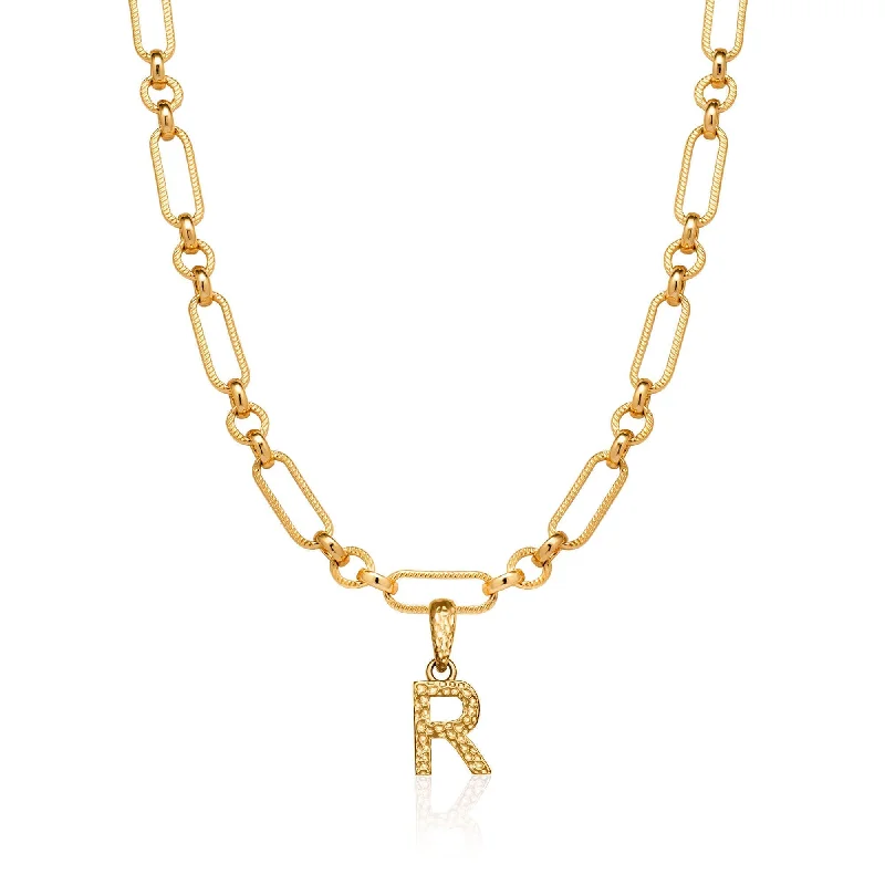 Hammered Initial Figaro Chain Necklace (Gold)