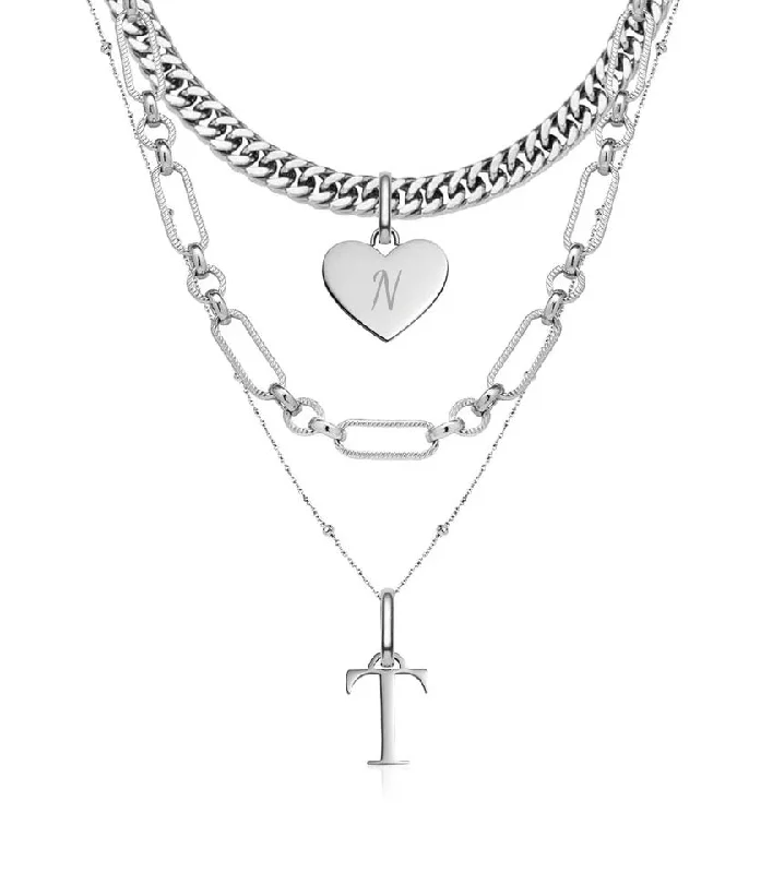 Heart & Letter Multi Chain Layered Set (Silver)