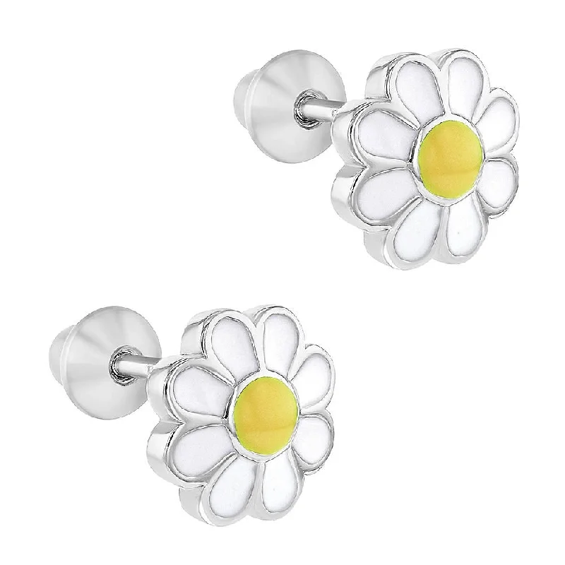 Children's Sterling Silver Enamel Daisy Screw Back Earrings