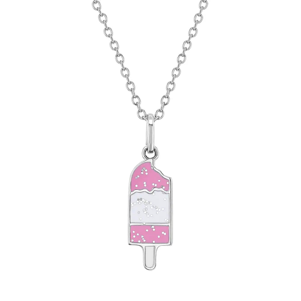 Children's Sterling Silver Pink Glitter Ice Cream Bar Pendant Necklace