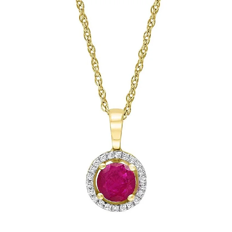 July Birthstone Pendant: 14K Yellow Gold Diamond And Ruby Halo Pendant Necklace