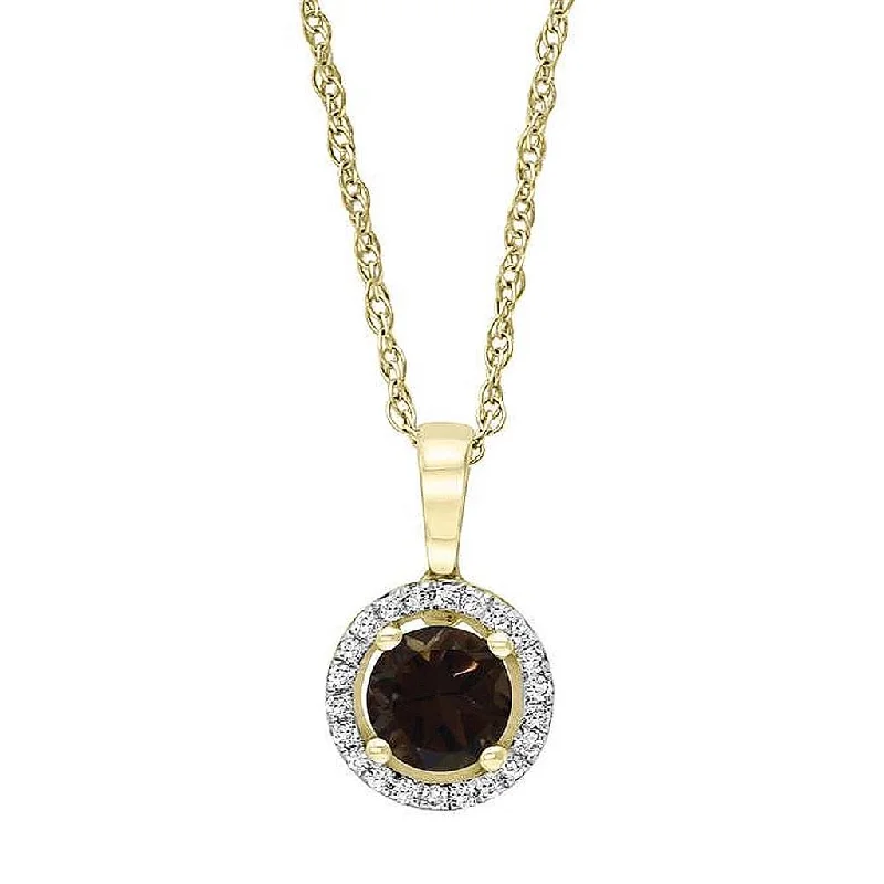 June Birthstone Pendant: 14K Yellow Gold Diamond And Smoky Quartz Halo Pendant Necklace