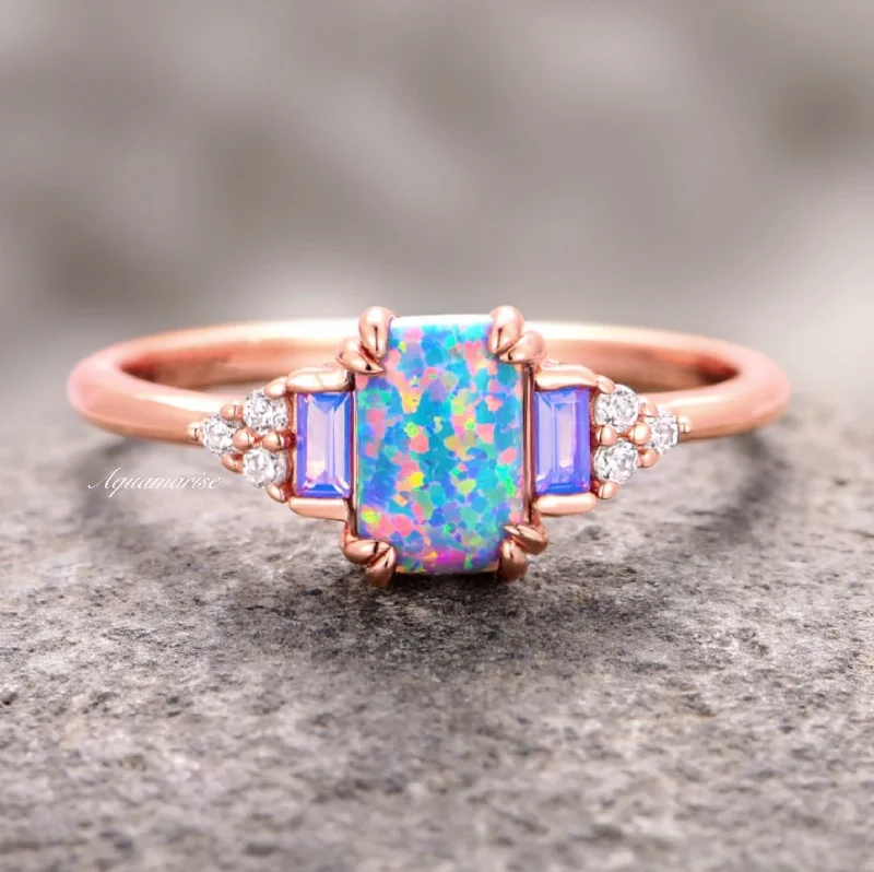 Classic And Modern Jewelry Styles On Sale Light Blue Fire Opal & Opalescent Sapphire Ring- 14k Rose Gold Vermeil Classic And Modern Jewelry Styles On Sale Light Blue Fire Opal & Opalescent Sapphire Ring- 14k Rose Gold Vermeil
