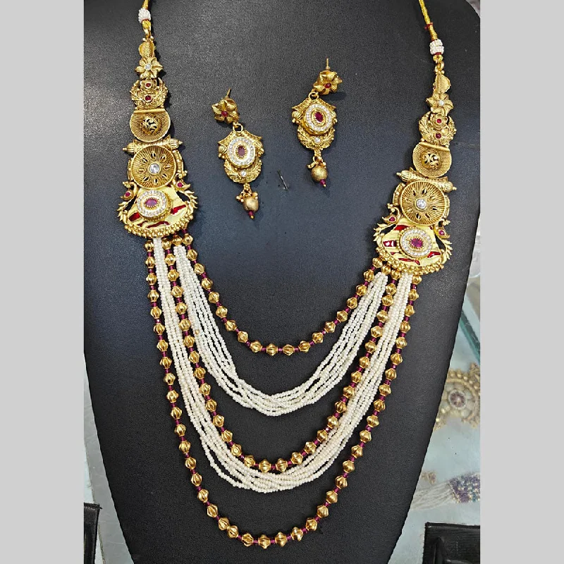 Manisha Jewellery Gold Plated Pota Stone And Pearls Long Necklace Set