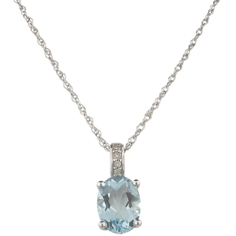 March Birthstone Pendant: 14K White Gold Diamond And Oval Aquamarine Pendant Necklace