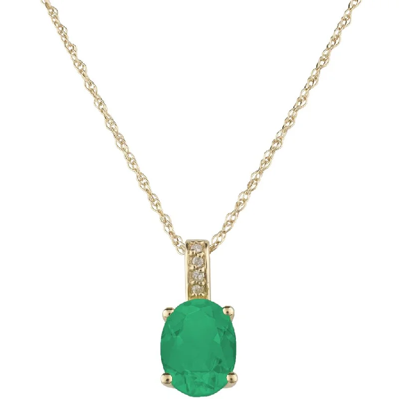 May Birthstone Pendant: 14K Yellow Gold Diamond And Oval Emerald Drop Pendant Necklace