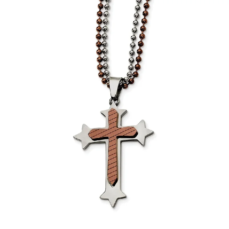 Men's Stainless Steel and Cognac Accent Cross Necklace