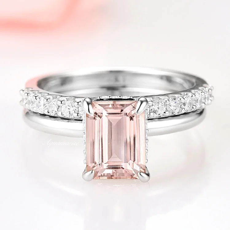 Exclusive Online Jewelry Sale – Don't Wait Hidden Halo Emerald Cut Morganite Ring Set- Sterling Silver Exclusive Online Jewelry Sale – Don't Wait Hidden Halo Emerald Cut Morganite Ring Set- Sterling Silver