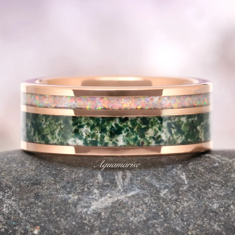 The Ultimate Jewelry Sale – Shop Premium Styles Moss Agate & Fire Opal Wedding Band- 8MM Rose Gold Tungsten The Ultimate Jewelry Sale – Shop Premium Styles Moss Agate & Fire Opal Wedding Band- 8MM Rose Gold Tungsten