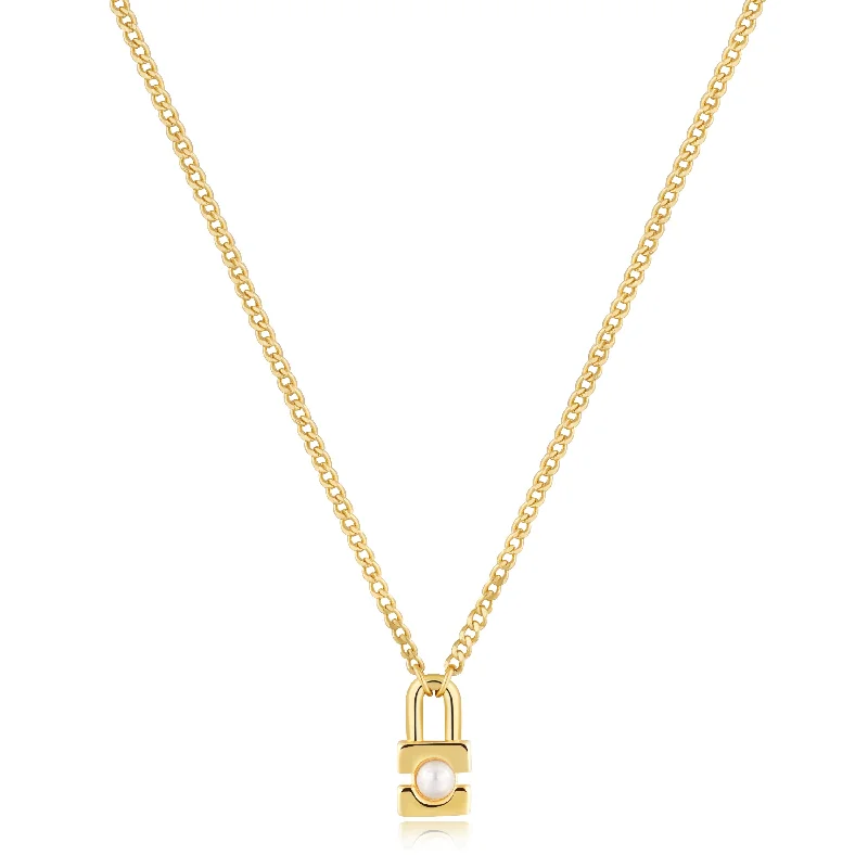 Fashion-Forward Geometric Jewelry For Contemporary Style Gold Pearl Padlock Necklace Fashion-Forward Geometric Jewelry For Contemporary Style Gold Pearl Padlock Necklace
