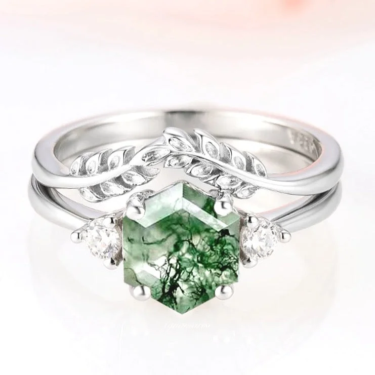 Huge Savings On Timeless Jewelry Collections Hexagon Moss Agate Fairy Ring Set- Sterling Silver Huge Savings On Timeless Jewelry Collections Hexagon Moss Agate Fairy Ring Set- Sterling Silver