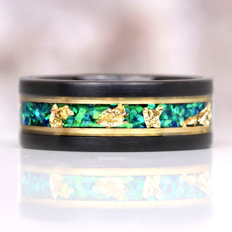 Special Offers On Handcrafted And Designer Jewelry Green Fire Opal & Gold Leaf Wedding Band- 8mm Tungsten Special Offers On Handcrafted And Designer Jewelry Green Fire Opal & Gold Leaf Wedding Band- 8mm Tungsten