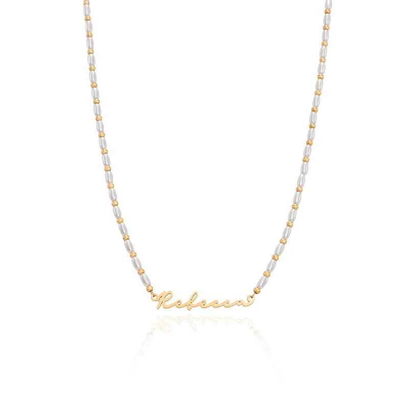Trendy Minimalist Jewelry For Everyday Wear Pearl Chain Signature Name Necklace (Gold)