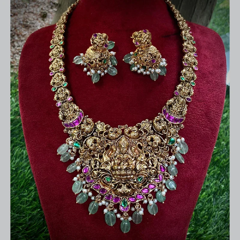 Prime Kundan Jewellery Gold Plated Pota Stone And Temple Long Necklace Set