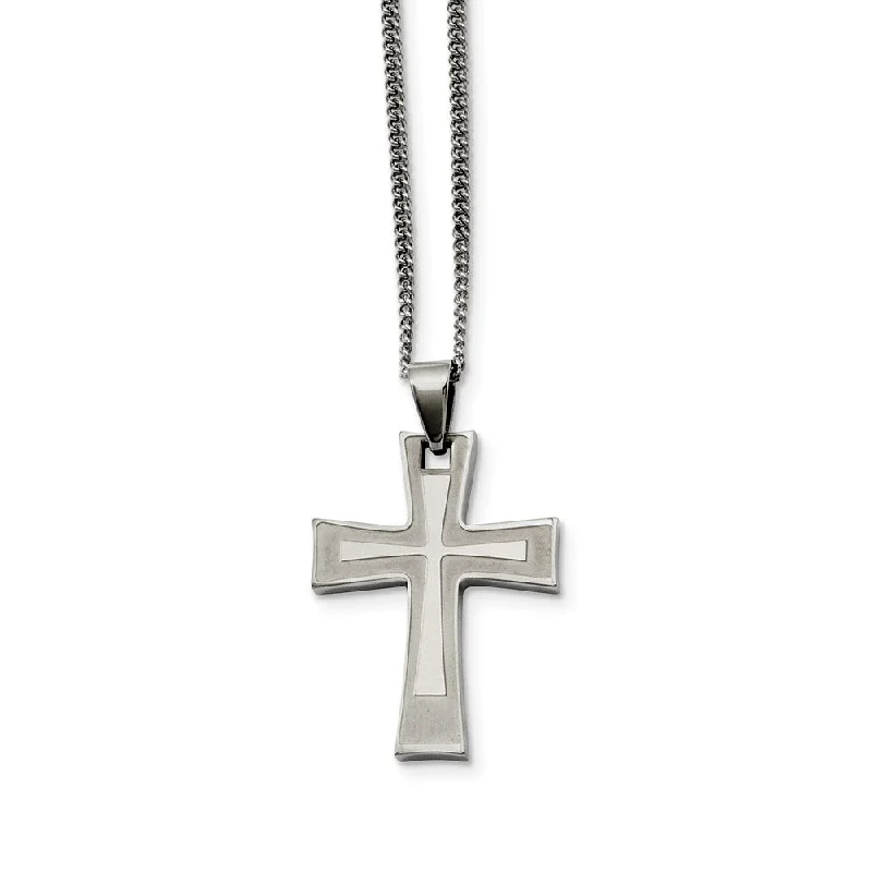 Stainless Steel Brushed and Polished Cross Necklace - 24 Inch