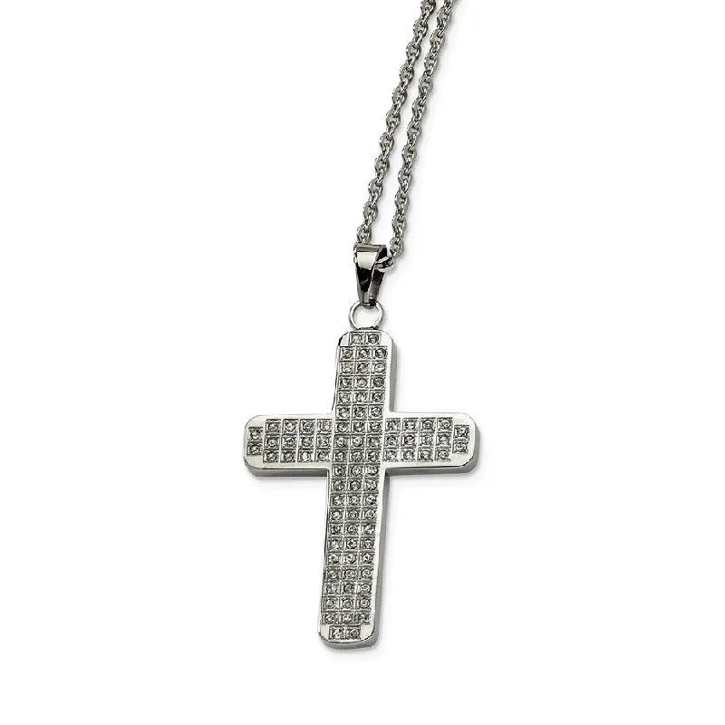 Stainless Steel Satin and Cubic Zirconia Cross Necklace - 22 Inch