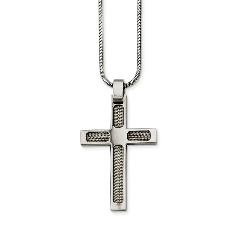 Stainless Steel Wire and Polished Cross Necklace - 24 Inch