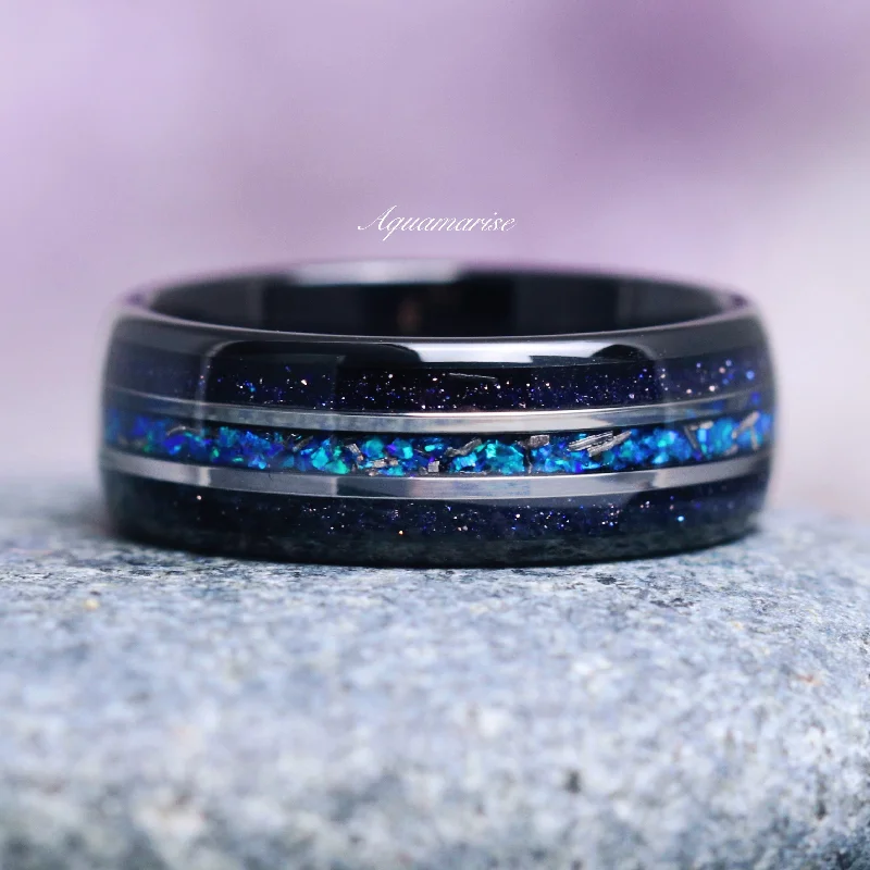 Exclusive Jewelry Offers – Shine For Less Starry Night, Meteorite, Blue Fire Opal Wedding Band- 8MM Black Tungsten Exclusive Jewelry Offers – Shine For Less Starry Night, Meteorite, Blue Fire Opal Wedding Band- 8MM Black Tungsten