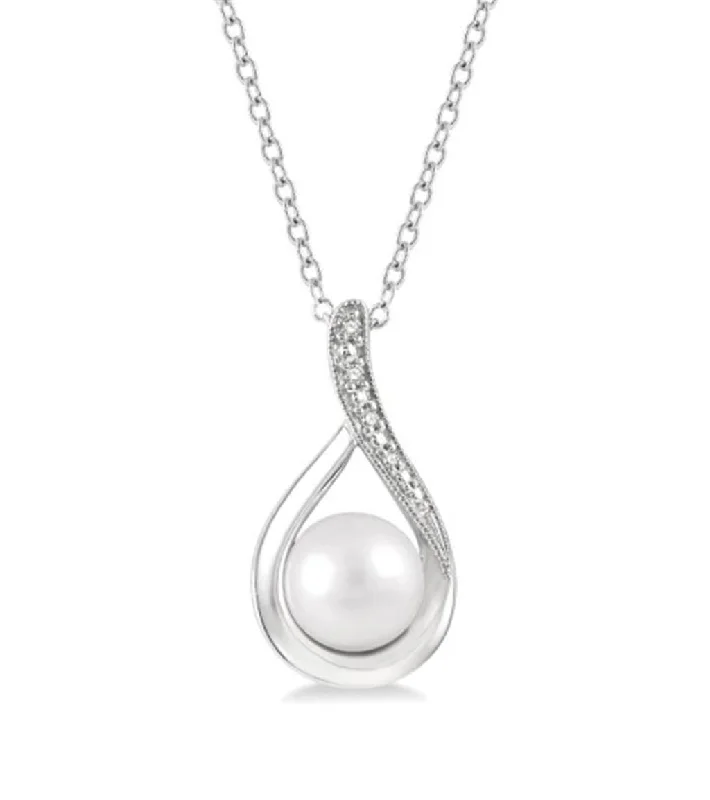 Sterling Silver Pearl And Diamond Drop Pendant Necklace