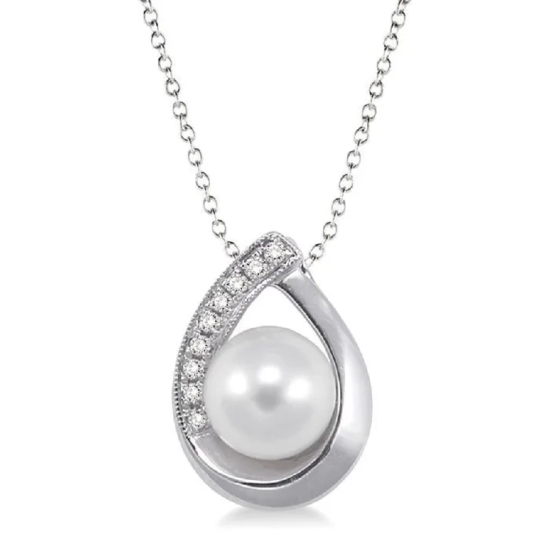 Sterling Silver Pearl And Diamond Teardrop Shaped Pendant Necklace