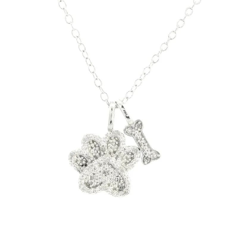 Sterling Silver Puppy Paw And Bone Diamond Pendant Necklace