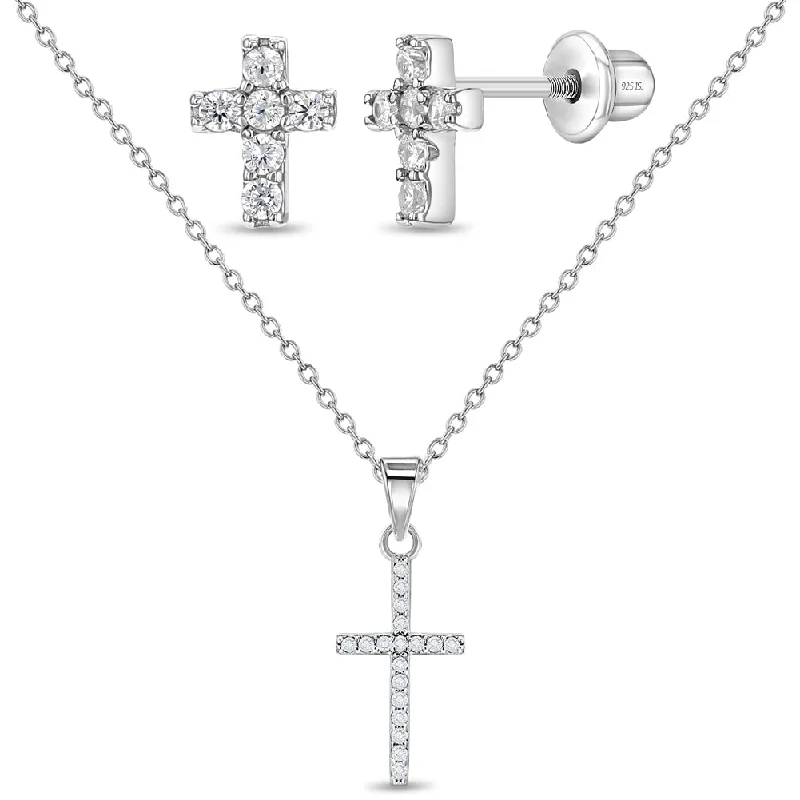 Tiny Glimmering Cross Toddler / Kids / Girls Jewelry Set - Sterling Silver