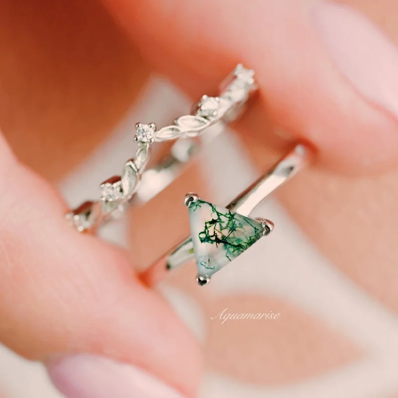 Bestselling Jewelry Now On Sale – Elevate Your Look Triangle Cut Green Moss Agate Leaf Ring Set- Sterling Silver Bestselling Jewelry Now On Sale – Elevate Your Look Triangle Cut Green Moss Agate Leaf Ring Set- Sterling Silver