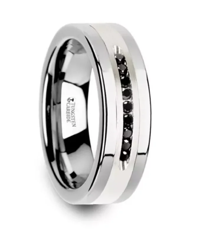 Breathtaking Jewelry, Breathtaking Prices Tungsten ‘Blackstone’ 8mm Silver Inlay Center And Black Diamonds Flat Wedding Band Breathtaking Jewelry, Breathtaking Prices Tungsten ‘Blackstone’ 8mm Silver Inlay Center And Black Diamonds Flat Wedding Band