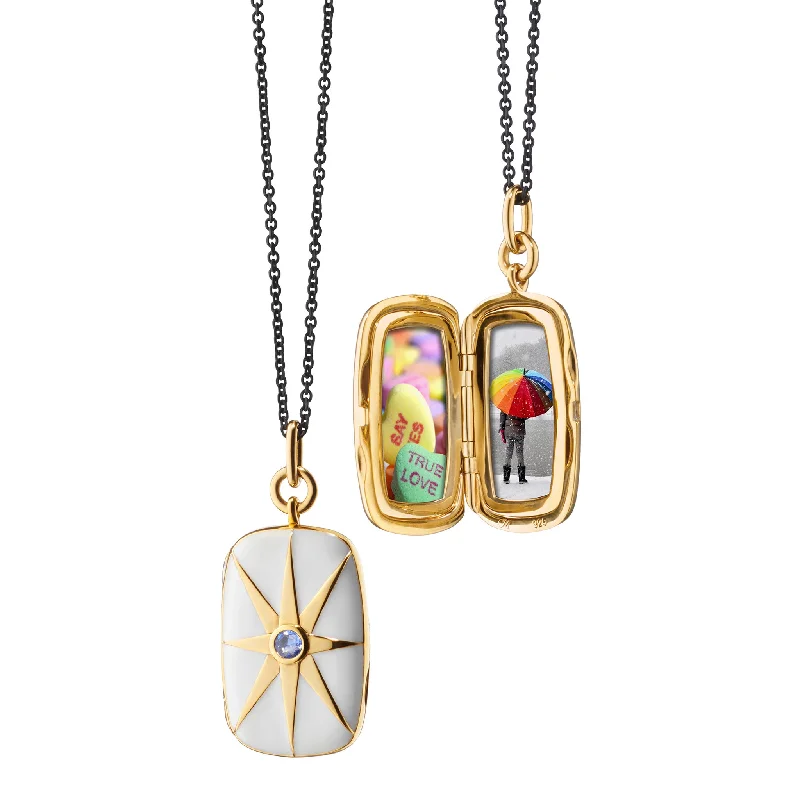 Special Jewelry Deals – Upgrade Your Collection White Enamel Vermeil Rectangle Locket with Blue Sapphire